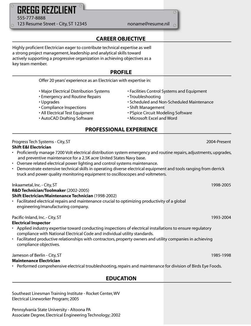example of a resume for an electrician